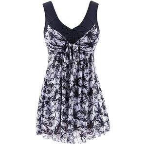 Wantdo Plus Size Flower Printed Sleeveless Pull On Swim‎ Dress - Black Coco